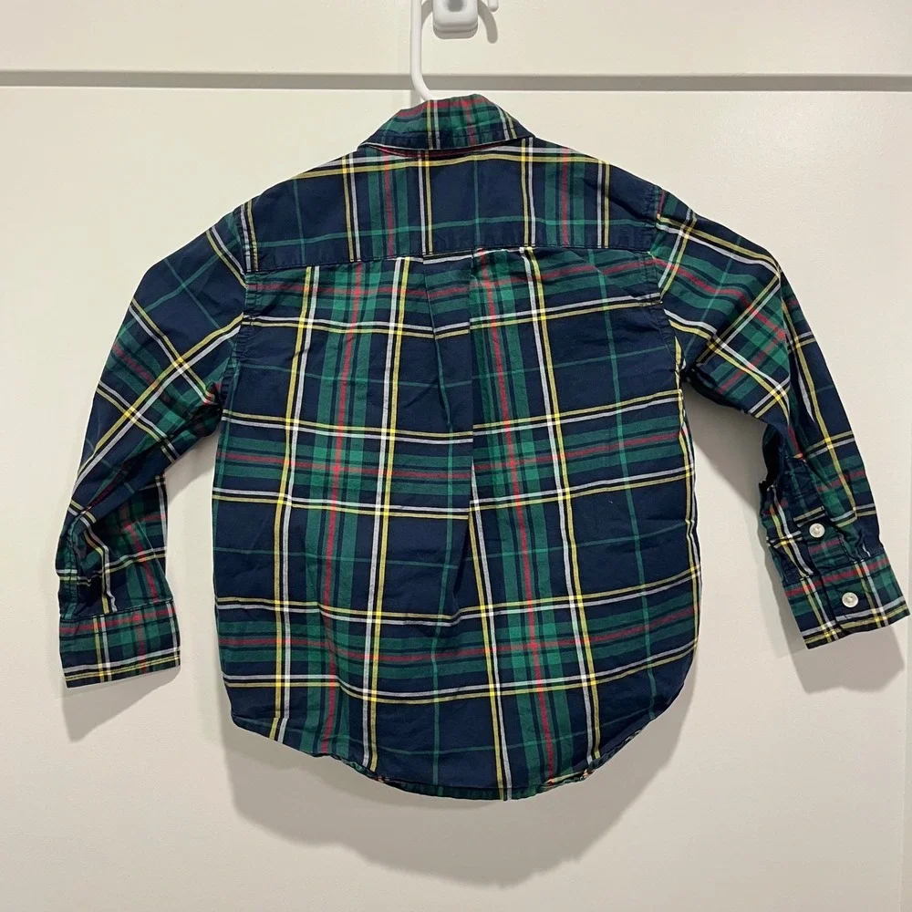 Ralph Lauren Boys Green Navy Plaid Button Down Shirt Size 3/3T Long Sleeve
